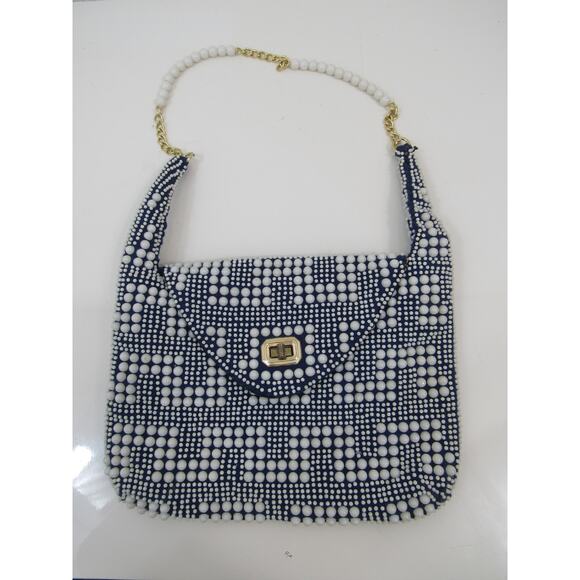 Vintage Navy & White Beaded Geometric Pattern Purse Hand Made Hong Kong 1960s - Picture 1 of 6